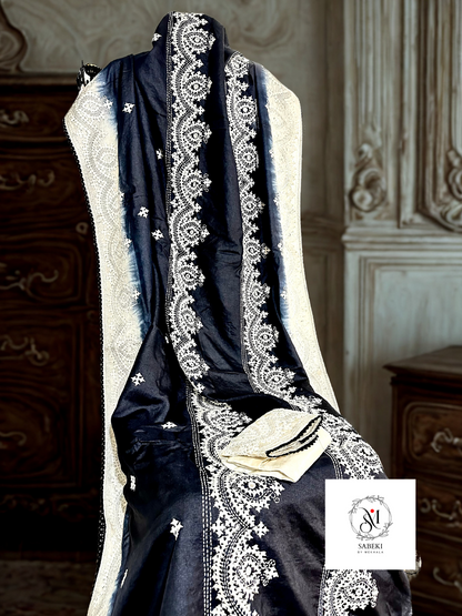 Dyed Black and White 4 line Gujrati Tussar