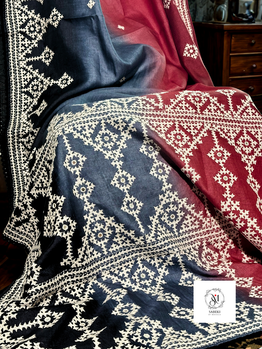 Black, Red and steel gray Tussar with Kutch embroidery