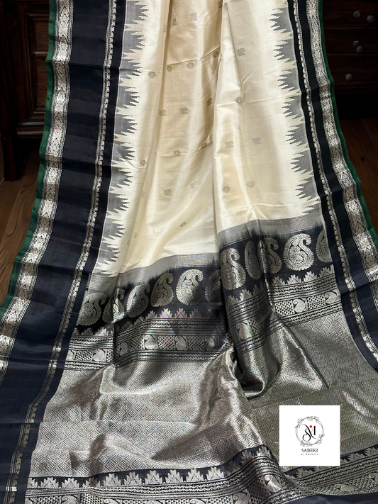 Off-White and Black Rare Silver Zari Pure Silk Gadwal