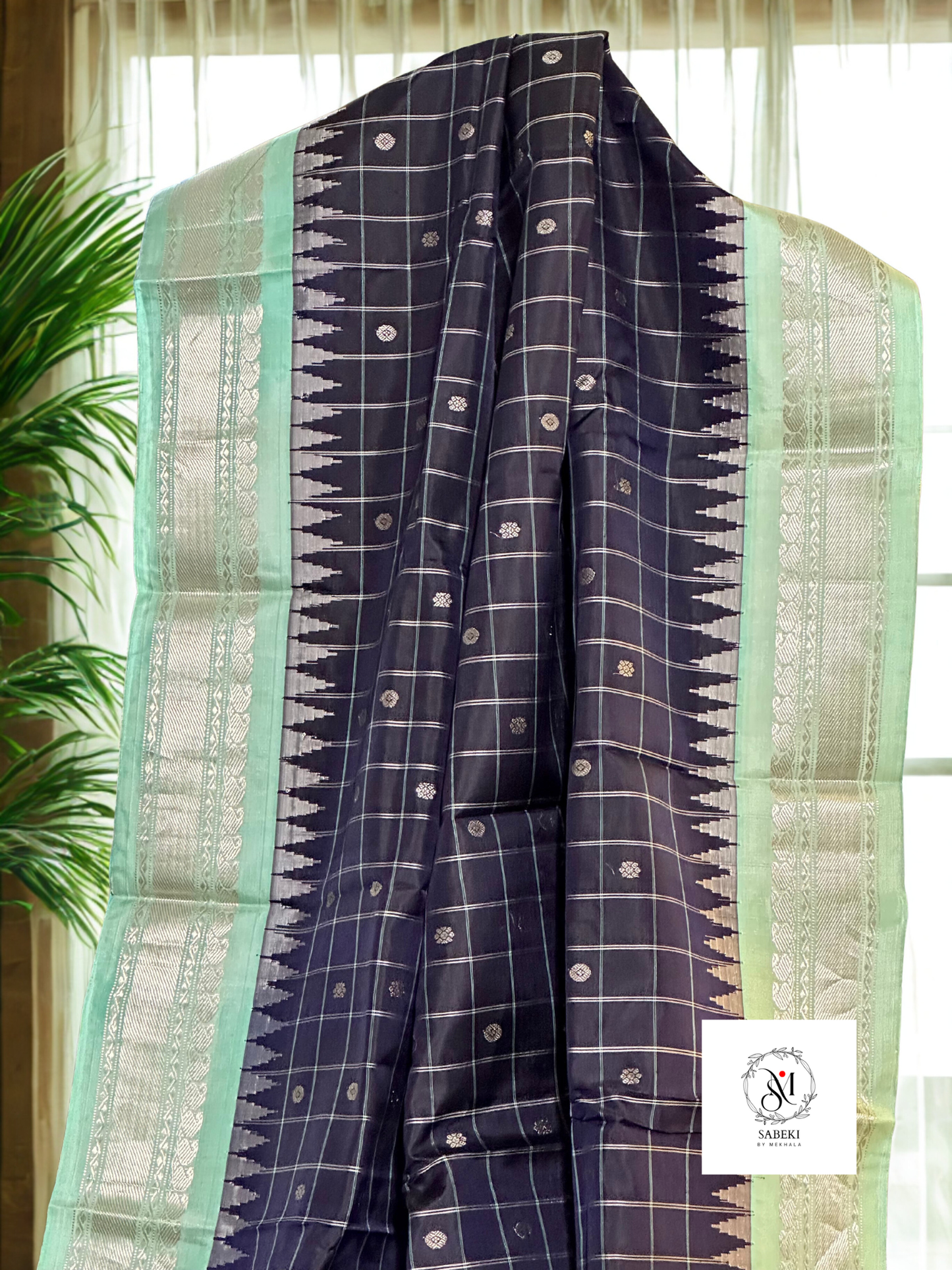 Navy Blue body-Mint Green Checkered  pure silk Gadwal