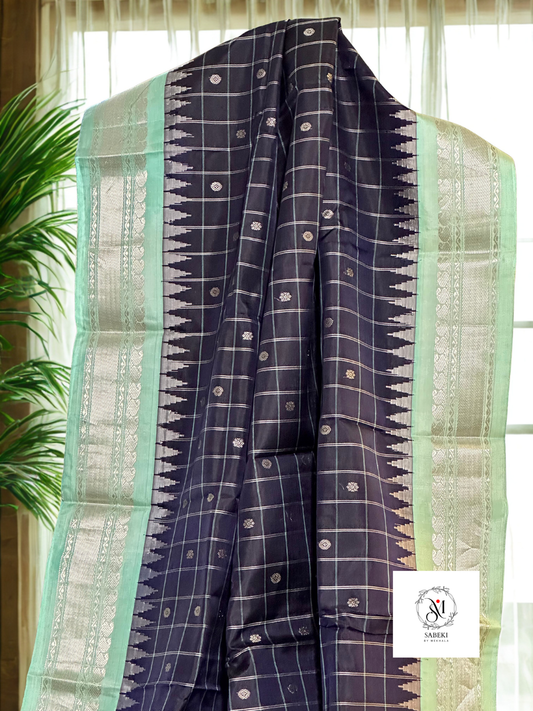 Navy Blue body-Mint Green Checkered  pure silk Gadwal
