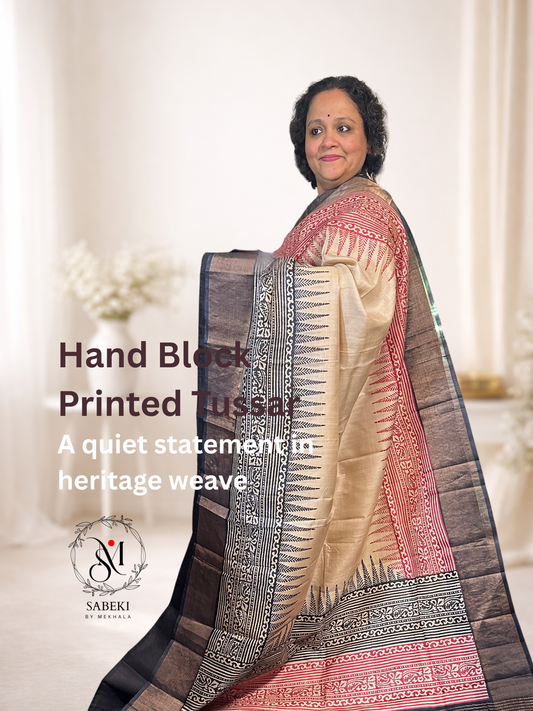 Hand Block Printed Pure Tussar with Red and Black Border