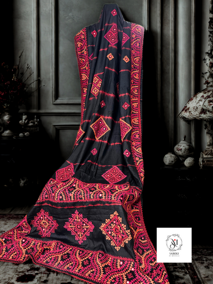 Pink and Orange Hand Gujrati on Tussar