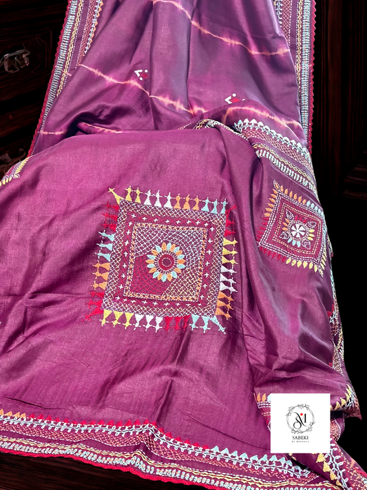 Maroon Tussar Leheriya with Hand Embroidery