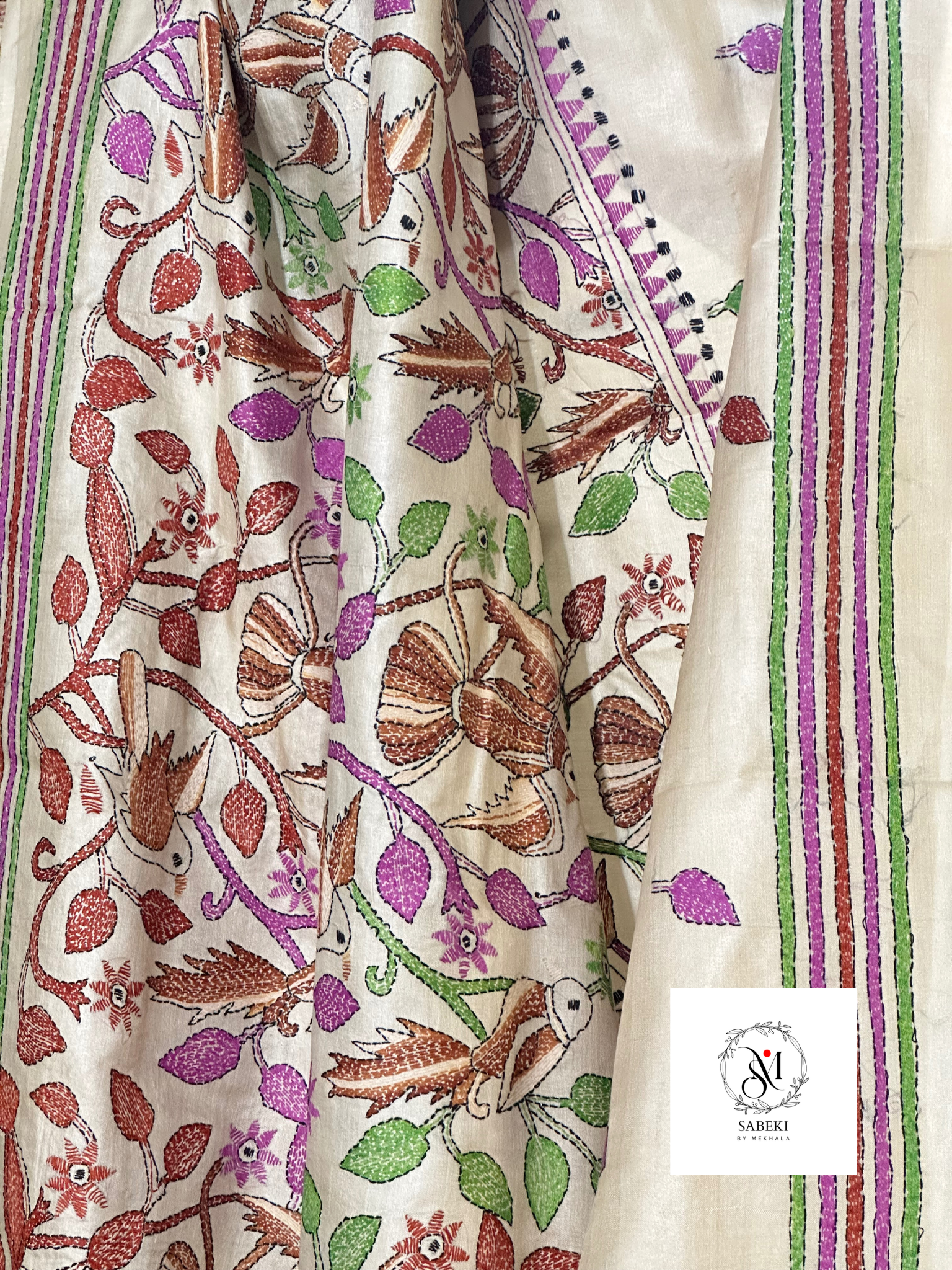Gachi tussar Purple pakhi kantha