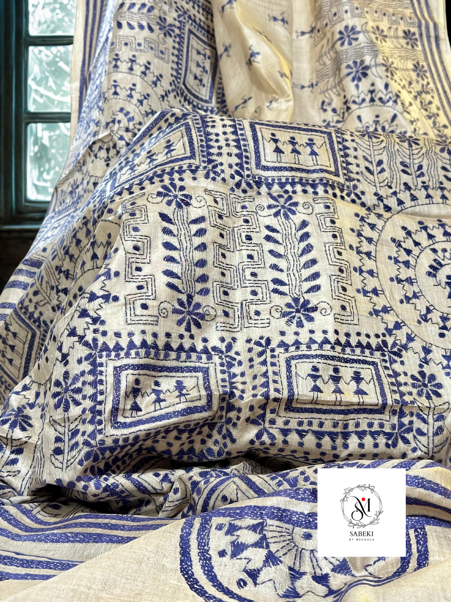 Gachi by Gachi tussar Navy blue thread warli kantha