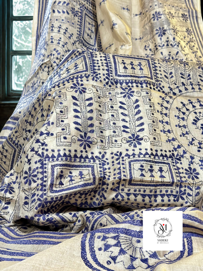 Gachi by Gachi tussar Navy blue thread warli kantha