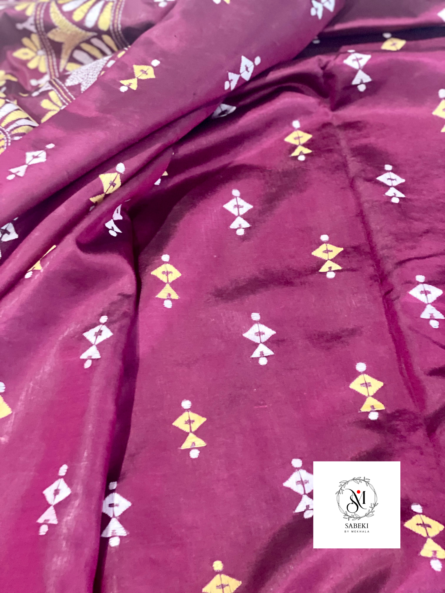 Purple Pink Kantha with White and Yellow Thread Work