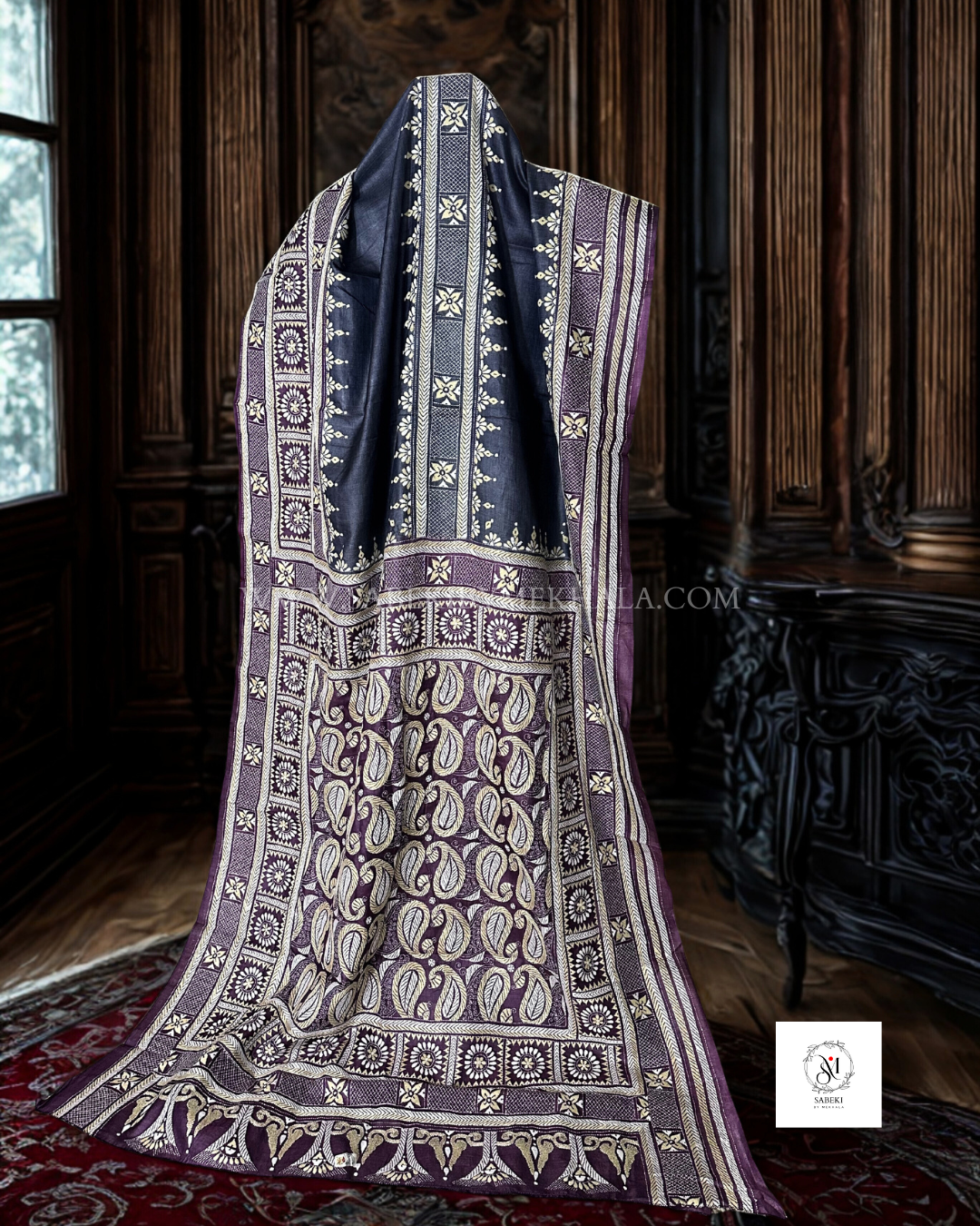 Charcoal and Purple Gachi Tussar Kantha with 3 borders