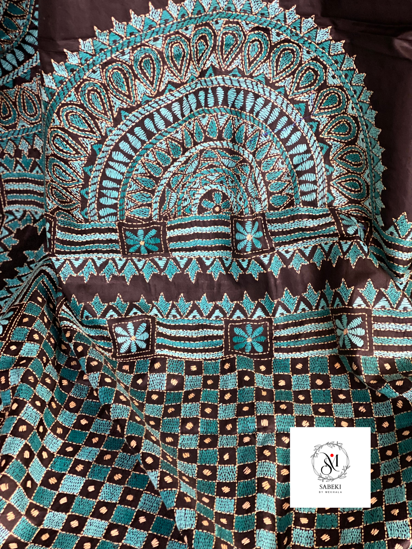 Bangalore Silk Chalchitra Kantha with Turquoise green work