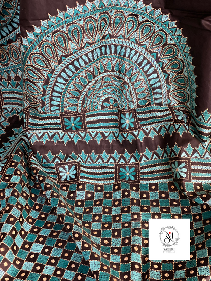 Bangalore Silk Chalchitra Kantha with Turquoise green work