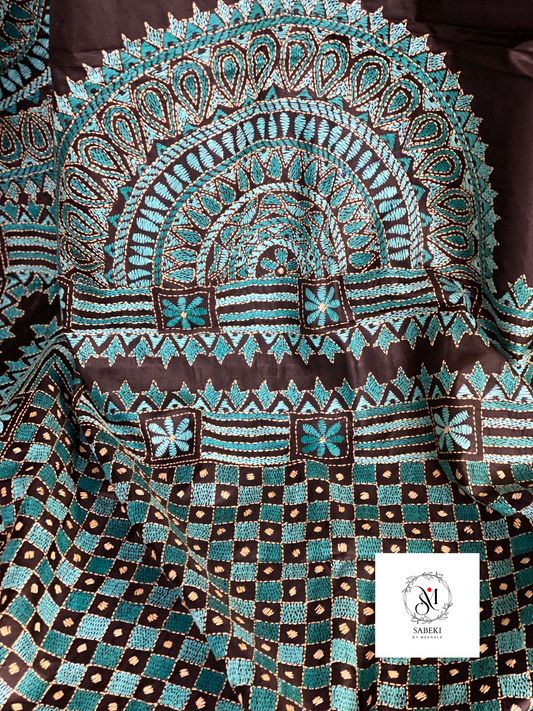 Bangalore Silk Chalchitra Kantha with Turquoise green work