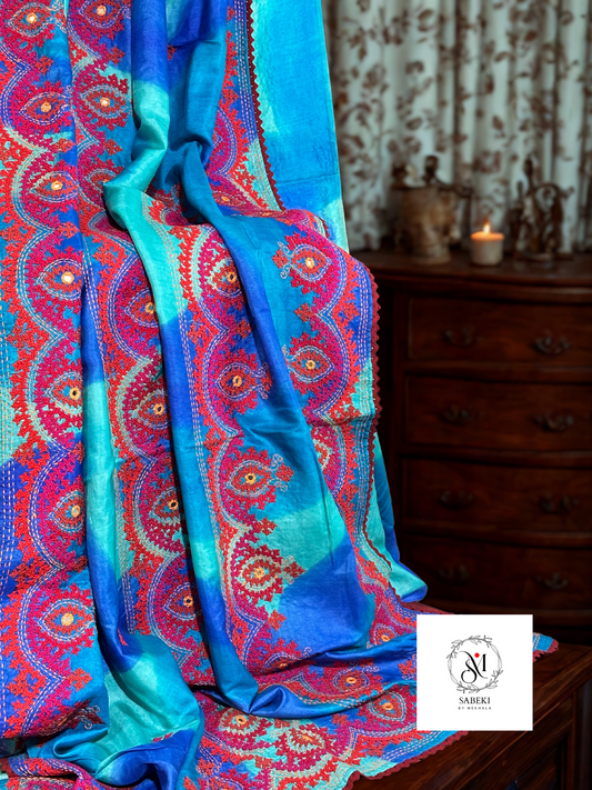 Dyed blue and Green 4 line Gujrati Tussar