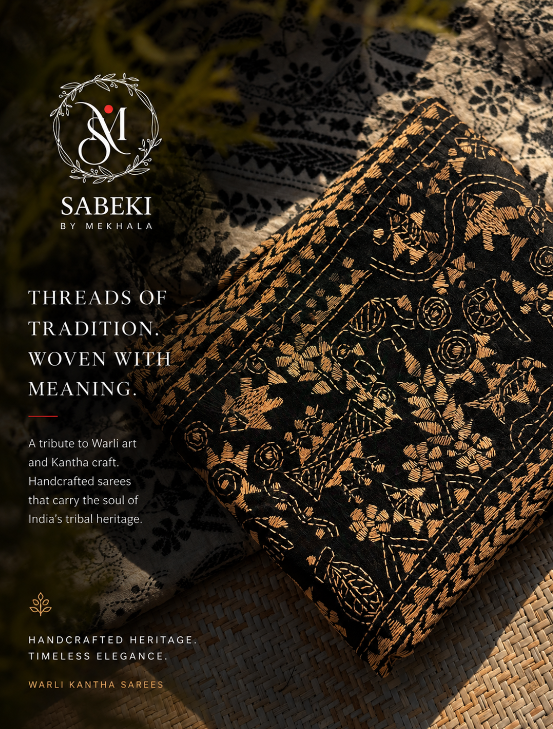 Pure Bangalore Silk Warli Kantha Saree in Black with Beige Hand Embroidery