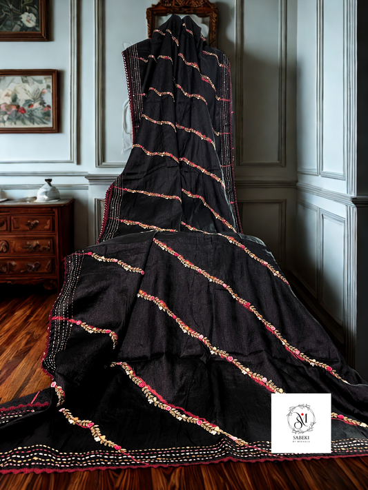 Black Tussar with Red Leheriya and Hand Embroidery