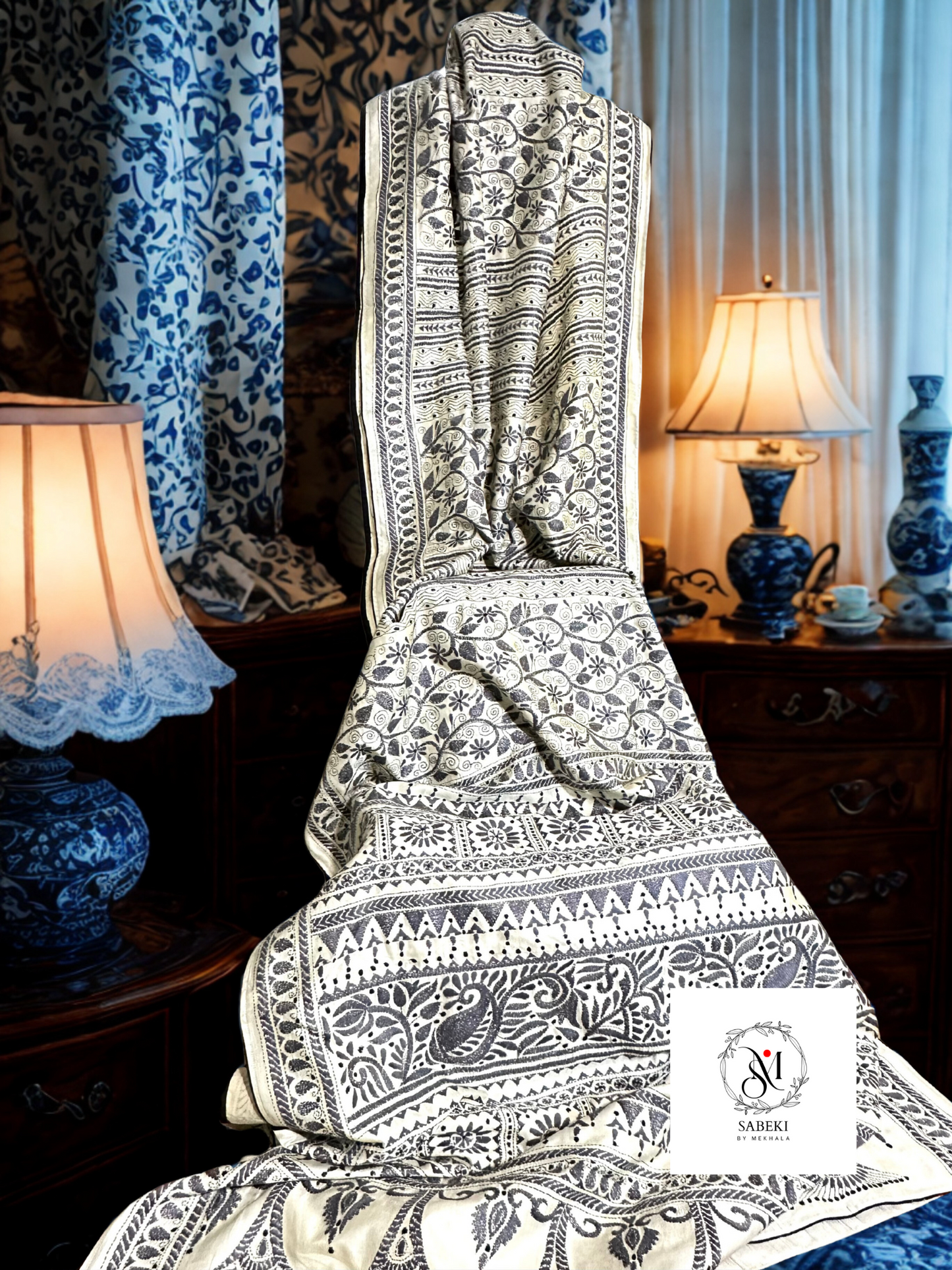 Tussar Kantha with Steel Gray Panel Work