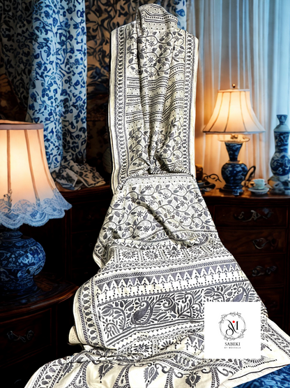 Tussar Kantha with Steel Gray Panel Work