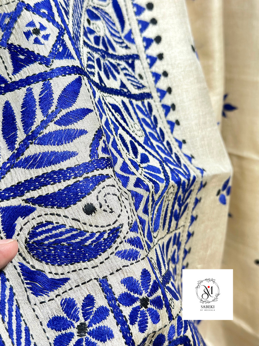 Pure Gachi Tussar Kantha with Blue Thread