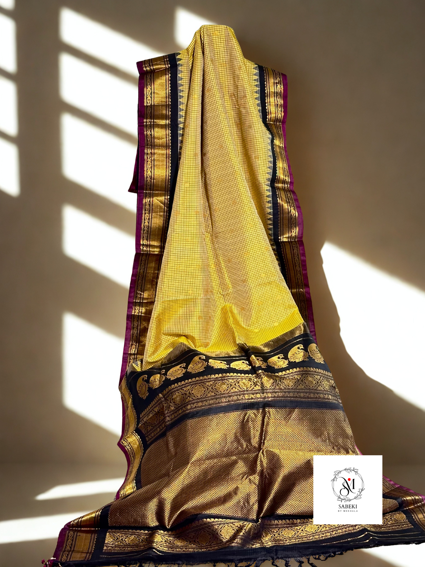 Yellow and Black Checkered pure silk Gadwal