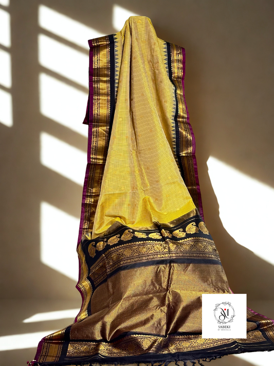 Yellow and Black Checkered pure silk Gadwal