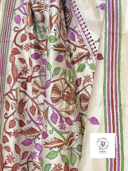 Gachi tussar brown pakhi kantha