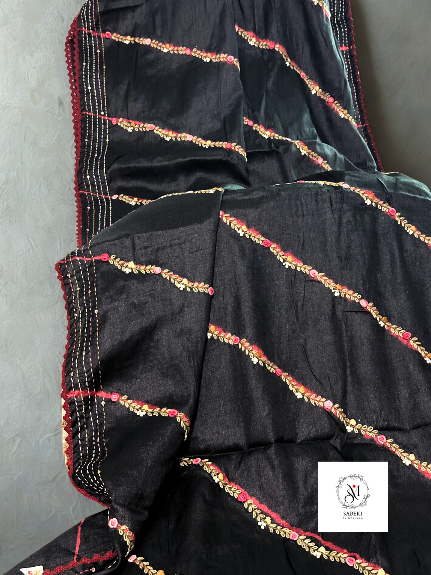 Black Tussar with Red Leheriya and Hand Embroidery