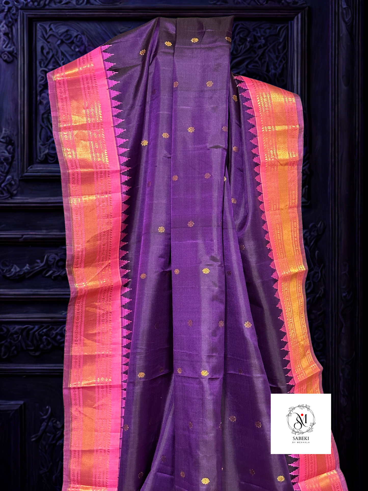 Aubergine purple and Pink pure silk Gadwal