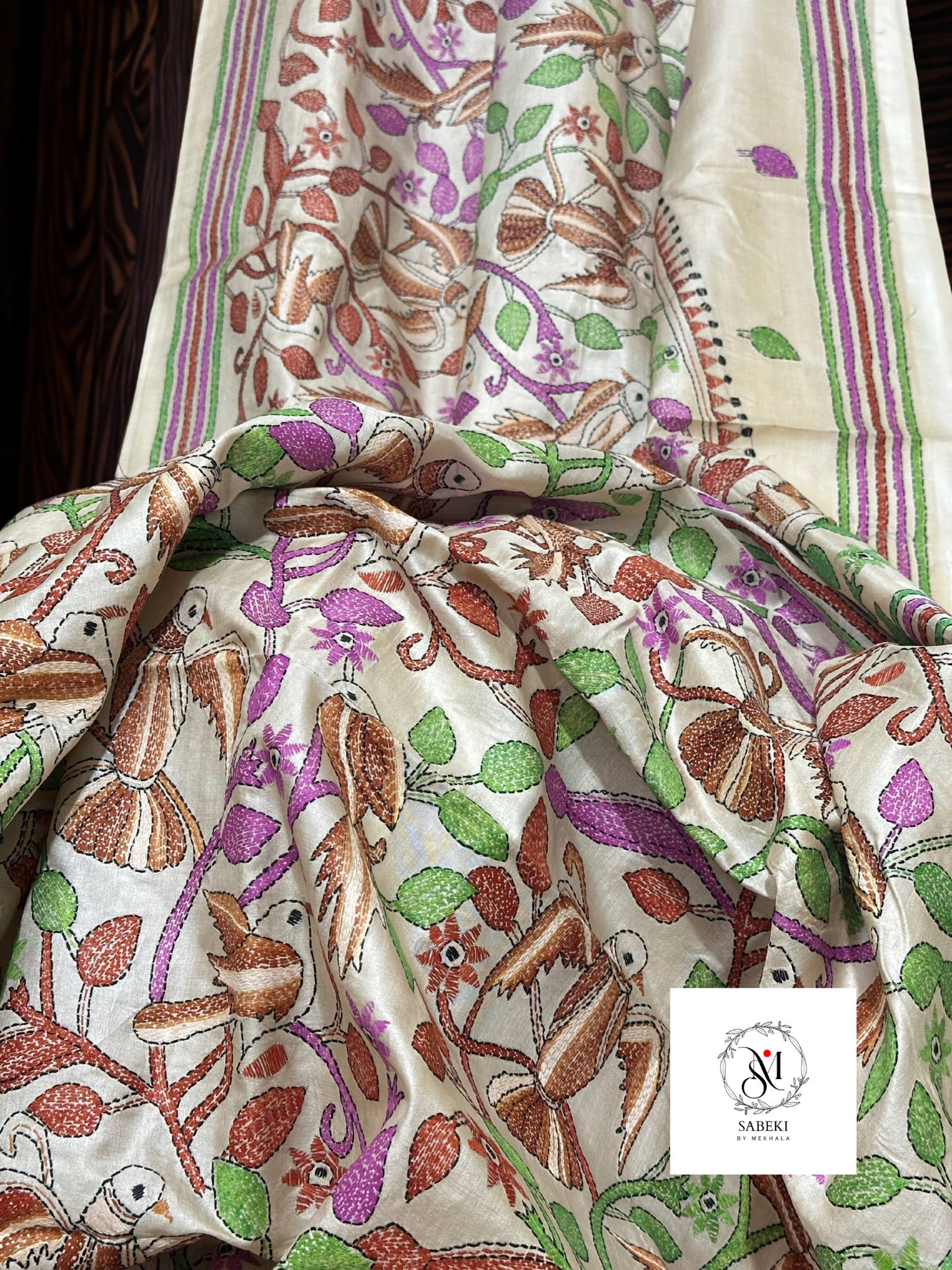 Gachi tussar brown pakhi kantha