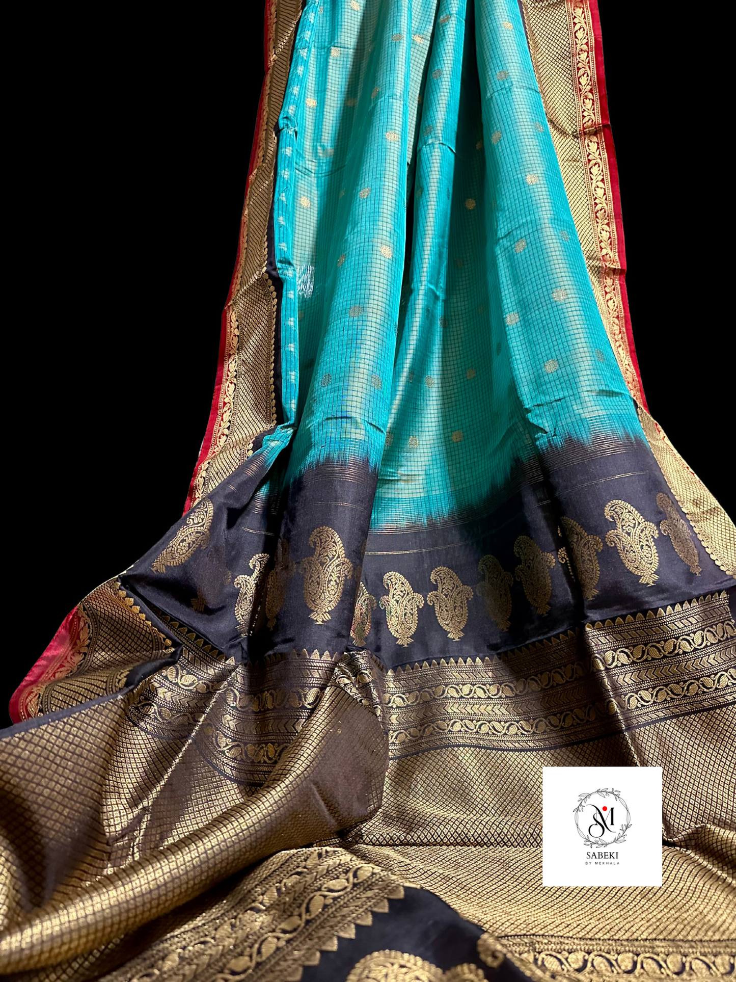 Sea-Green and Black pure silk Gadwal