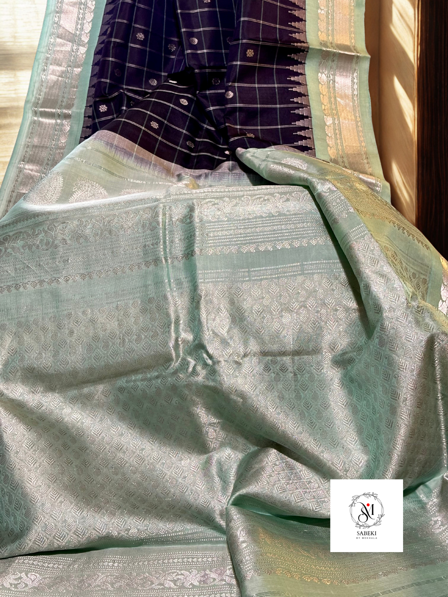 Navy Blue body-Mint Green Checkered  pure silk Gadwal