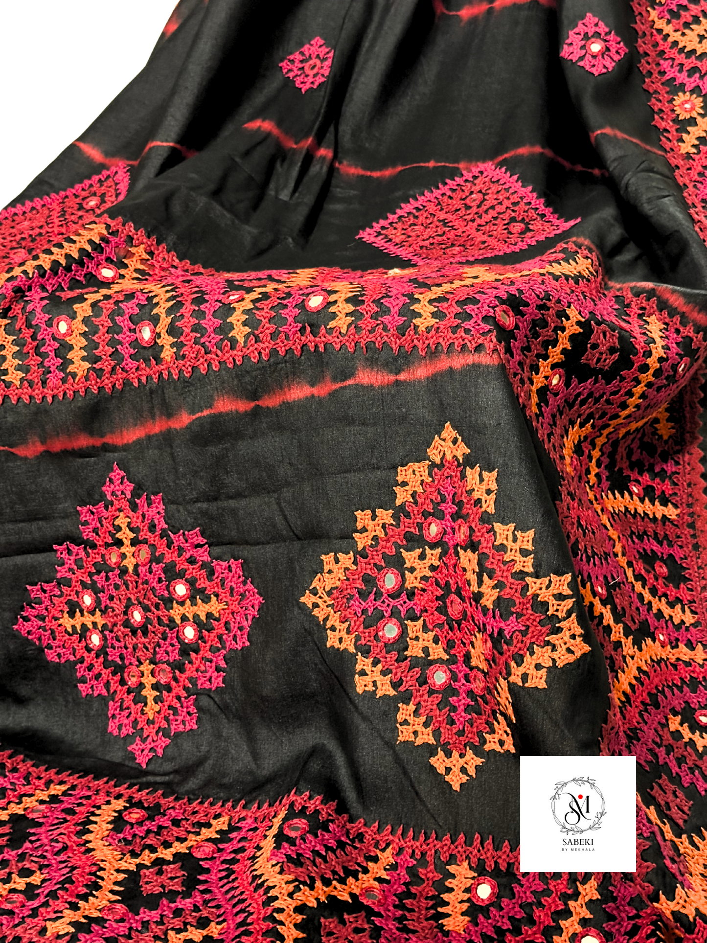 Pink and Orange Hand Gujrati on Tussar