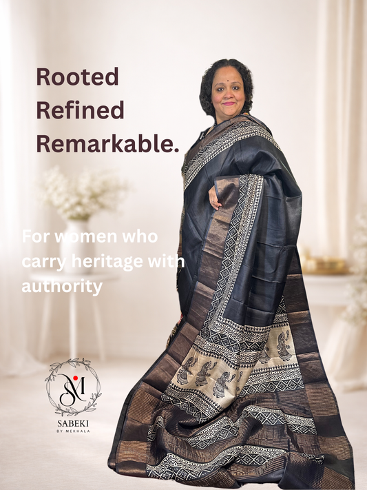 Elegant Monochrome Hand Block Printed Pure Tussar with Border