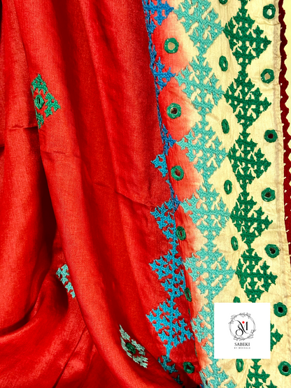 Burnt Red Dyed Tussar Gujrati