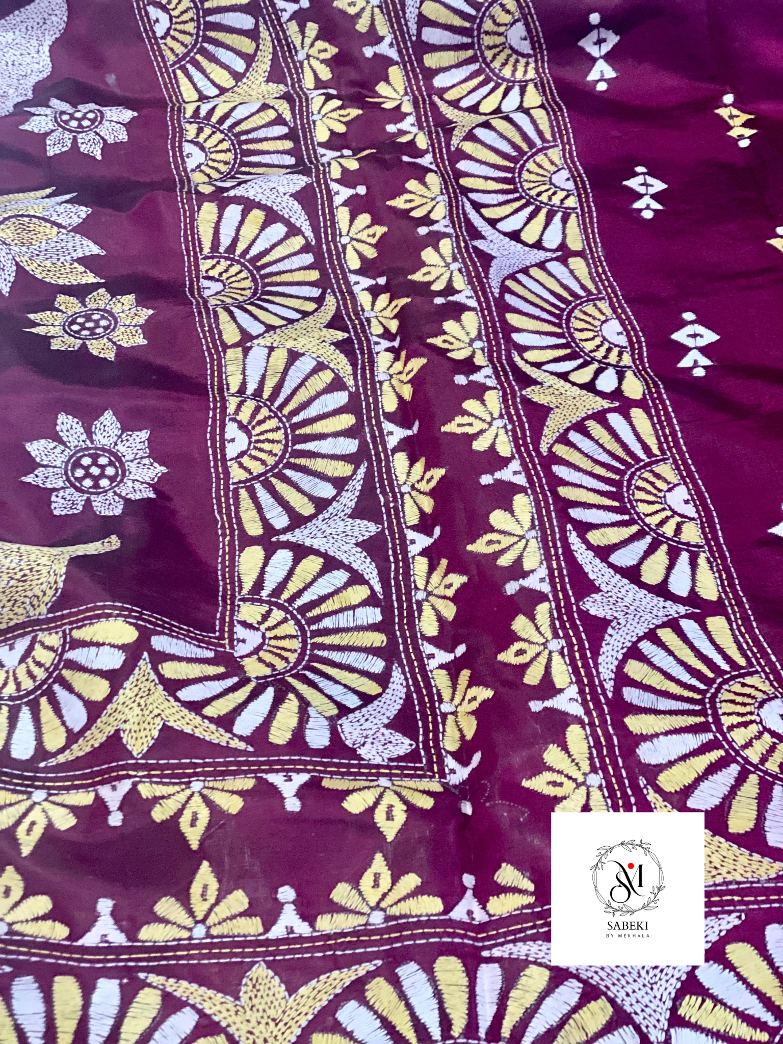 Purple Pink Kantha with White and Yellow Thread Work