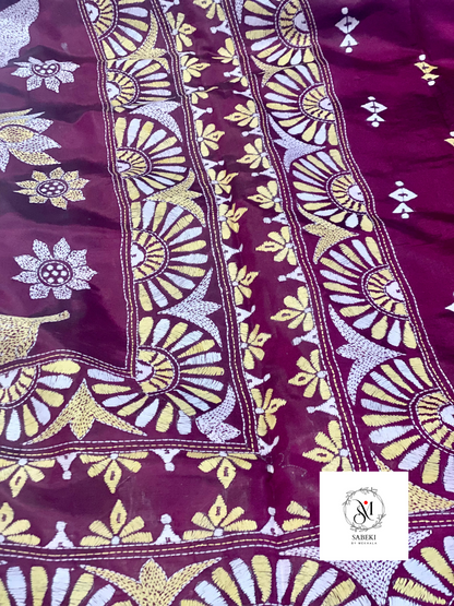 Purple Pink Kantha with White and Yellow Thread Work