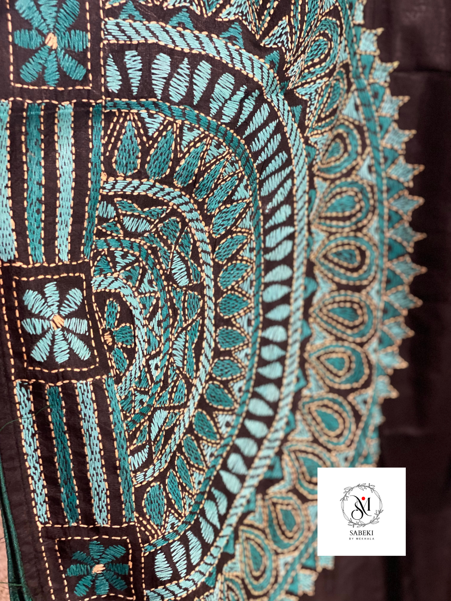 Bangalore Silk Chalchitra Kantha with Turquoise green work