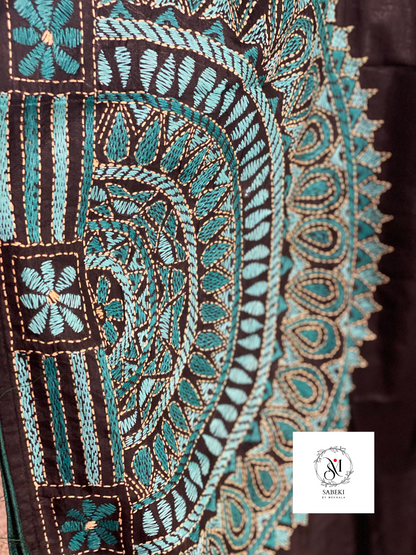 Bangalore Silk Chalchitra Kantha with Turquoise green work