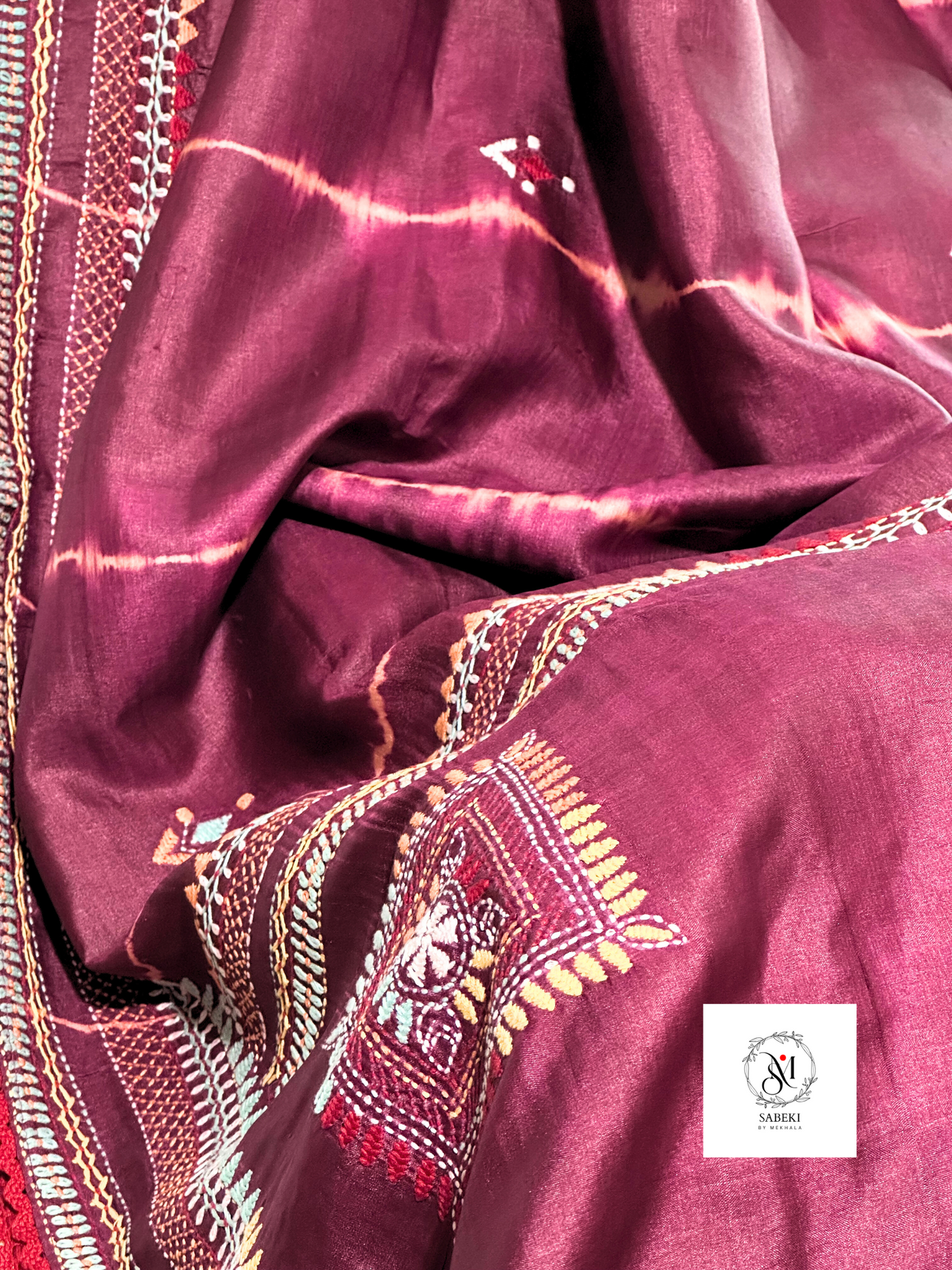 Maroon Tussar Leheriya with Hand Embroidery