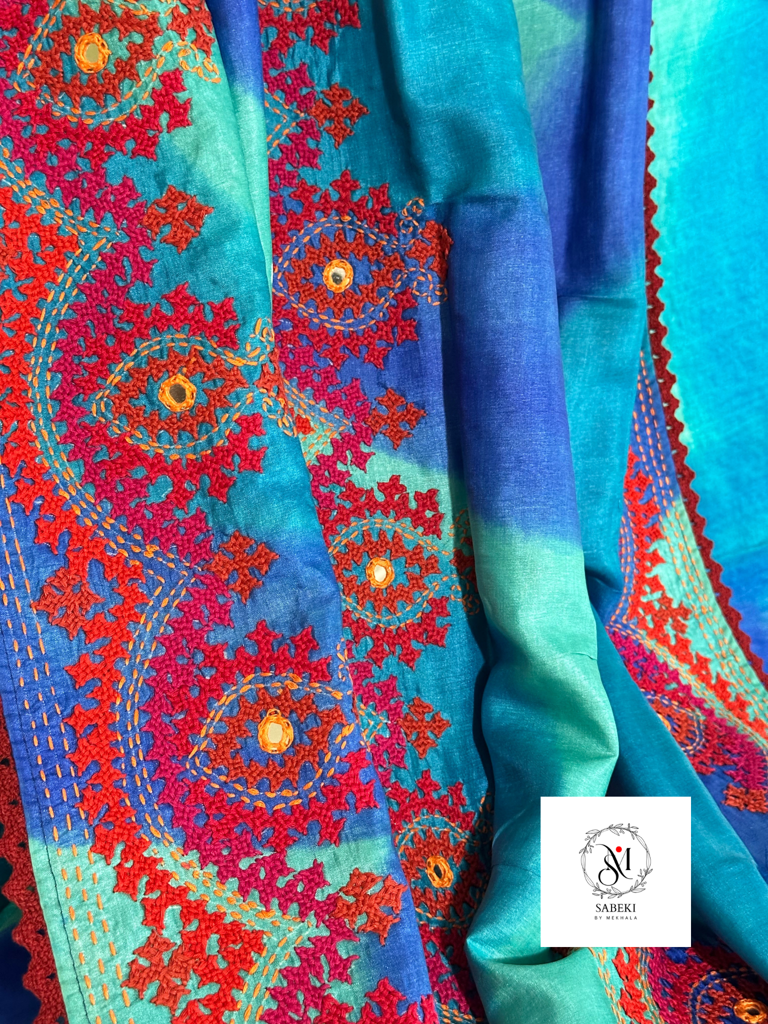Dyed blue and Green 4 line Gujrati Tussar