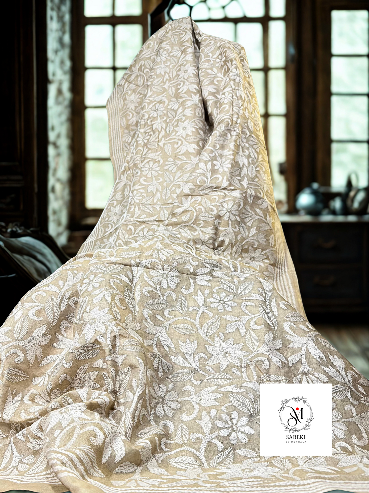 Tussar with White Thread Kantha-5