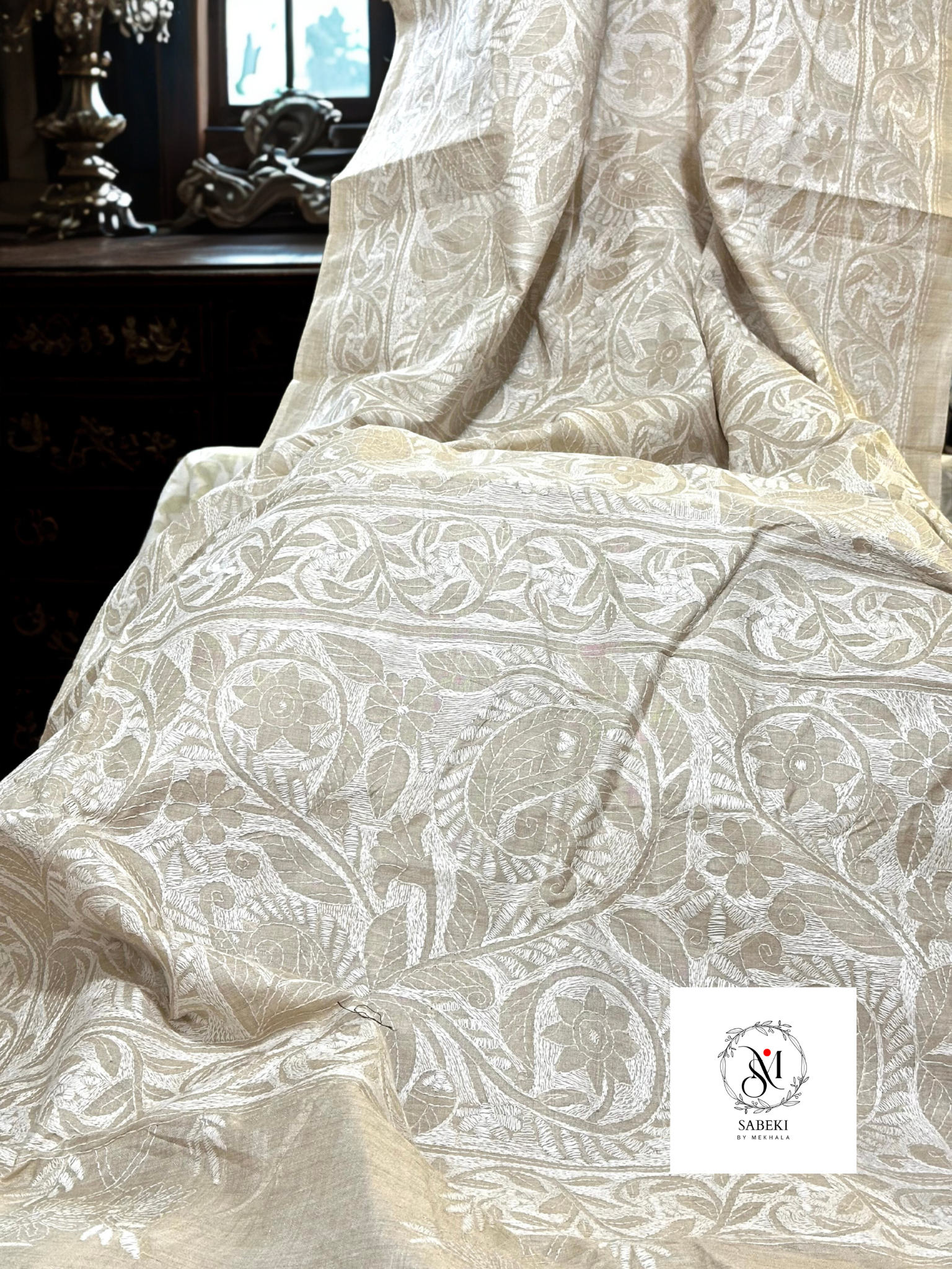 Tussar with White Thread Kantha-4