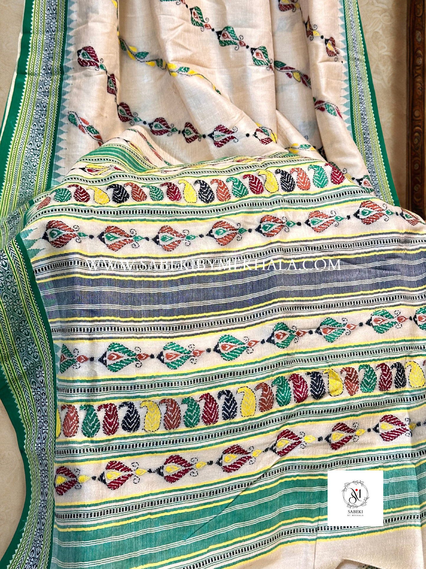 Vidarbha Tussar Kantha in green thread Ada Jangla Design