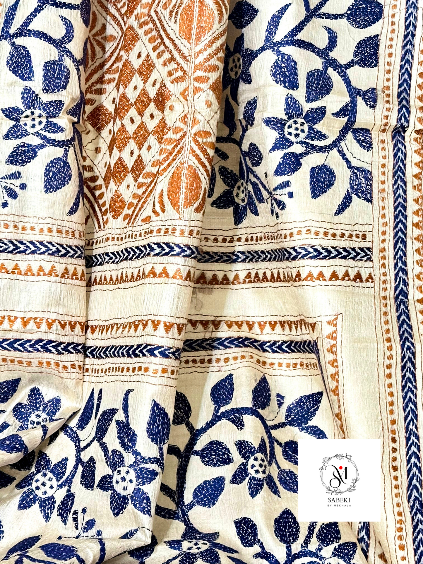 Gachi Tussar Kantha with navy Blue and Brown 3 part design