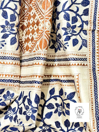 Gachi Tussar Kantha with navy Blue and Brown 3 part design