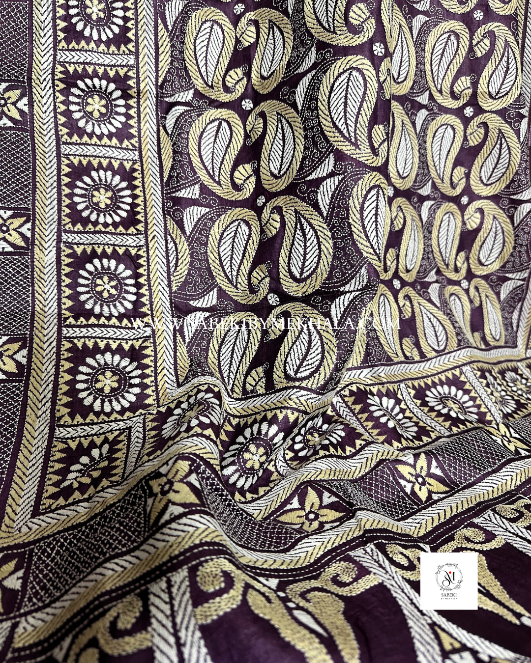 Charcoal and Purple Gachi Tussar Kantha with 3 borders