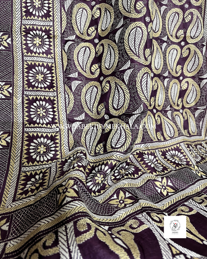 Charcoal and Purple Gachi Tussar Kantha with 3 borders