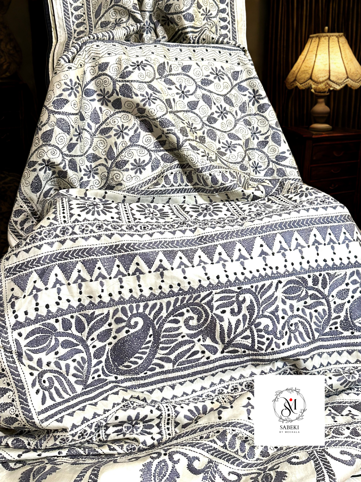 Tussar Kantha with Steel Gray Panel Work