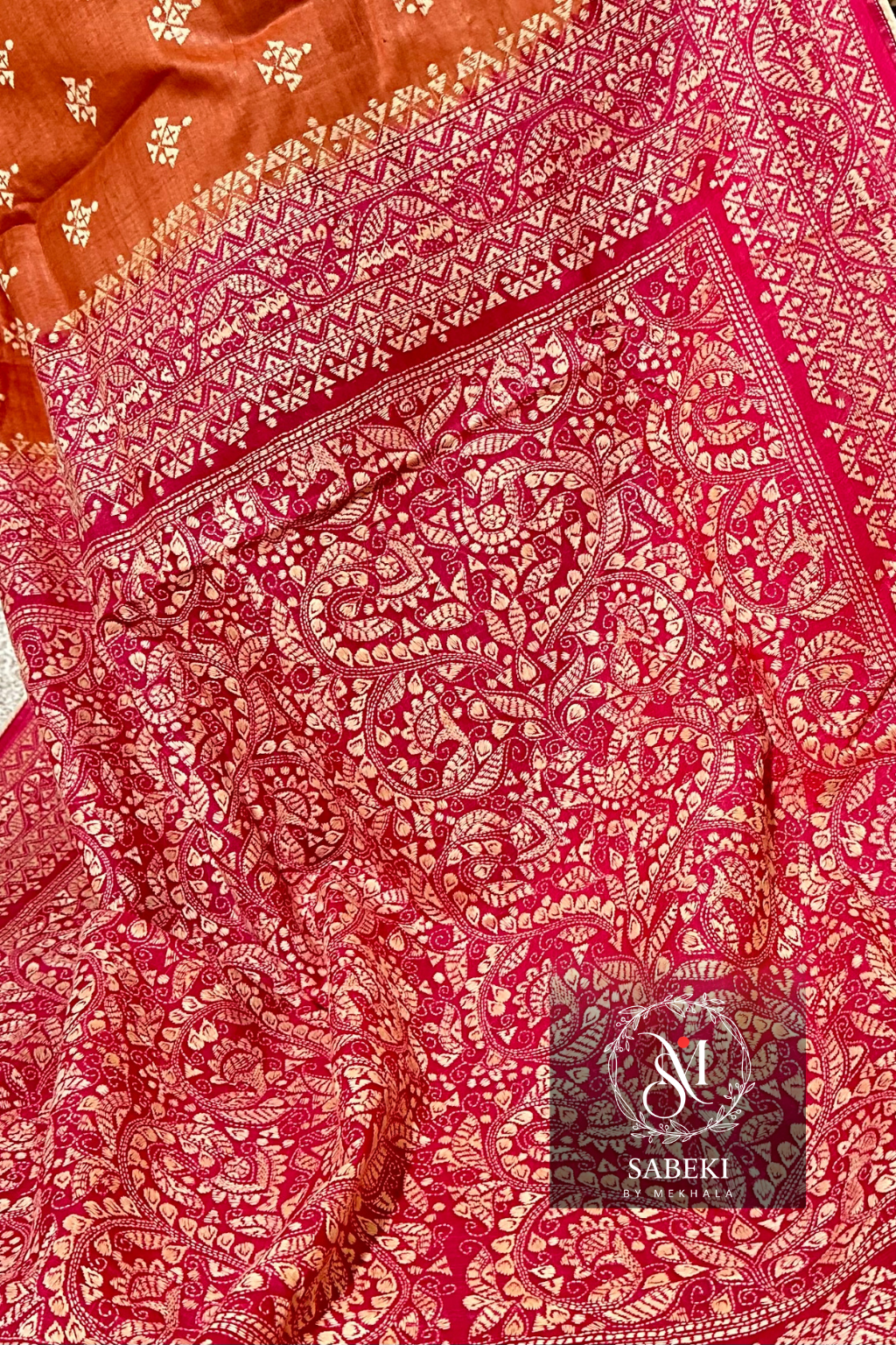 2D Nokshi Kantha by Takdira Begum(Pastel Orange-Dusty pink)
