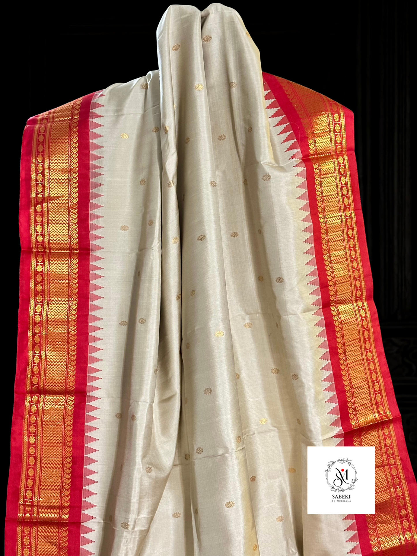 Metallic Gray and Red pure silk Gadwal
