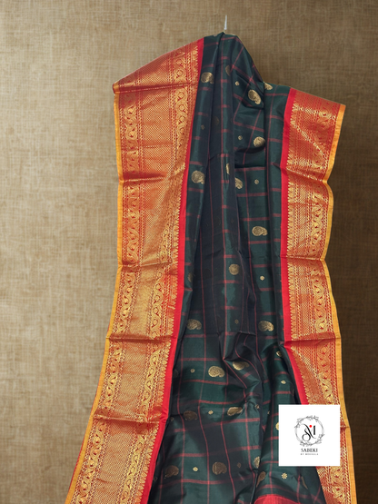 Dark Green and Red pure silk Gadwal